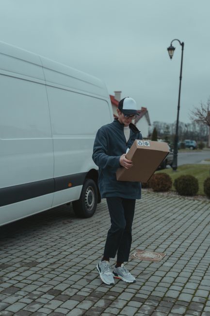 A man wearing glasses and a dark baseball cap seated inside a white van, preparing for a house removal or furniture transport. The van is parked outdoors, with a residential property visible in the ba