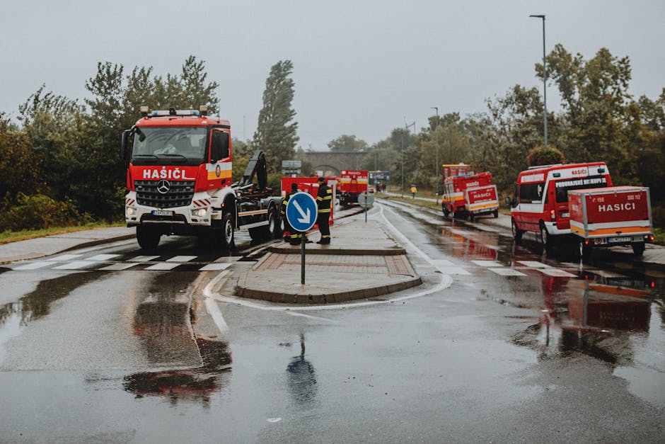 A scene during a home relocation or furniture transport process featuring multiple emergency service vehicles, including a red fire engine with its side panels open, and a red police car with a blue emergency light on top, parked on a paved surface. The fire engine's rear compartment contains equipment boxes, and the police vehicle is positioned adjacent to it. Behind the vehicles, a second presence of another emergency vehicle suggests a coordinated effort. In the background, there is a bridge with stone supports and suspended cables, along with modern office buildings and green trees, indicating an urban environment. The image captures a moment of loading or unloading activities, with no visible movement of furniture or boxes but emphasizing the vehicles used in large-scale or urgent removals, possibly as part of a logistical or safety protocol during a relocation or emergency situation.